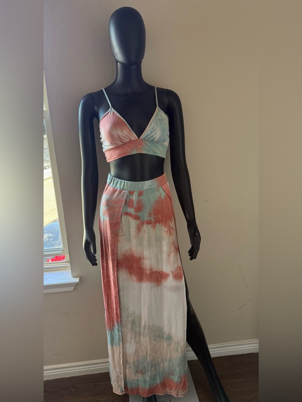 Women's Tie-Dye Maxi Skirt Set in Rust & Aqua